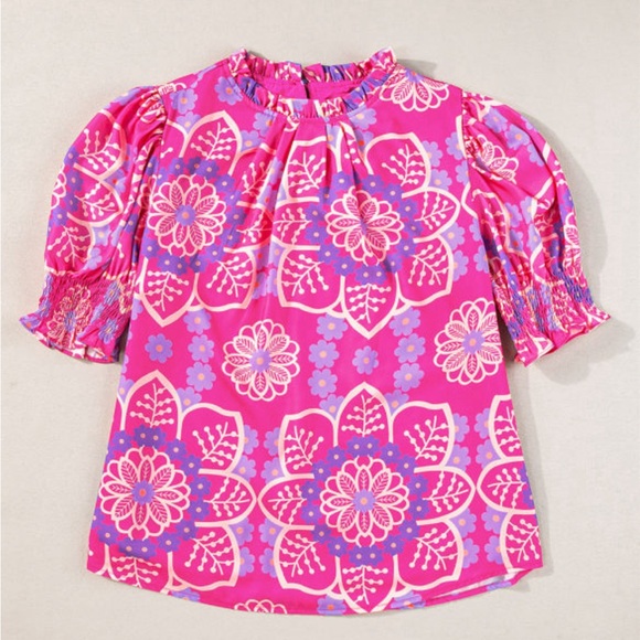 Tops - Floral Print Frilled Neck Smocked Sleeve Blouse